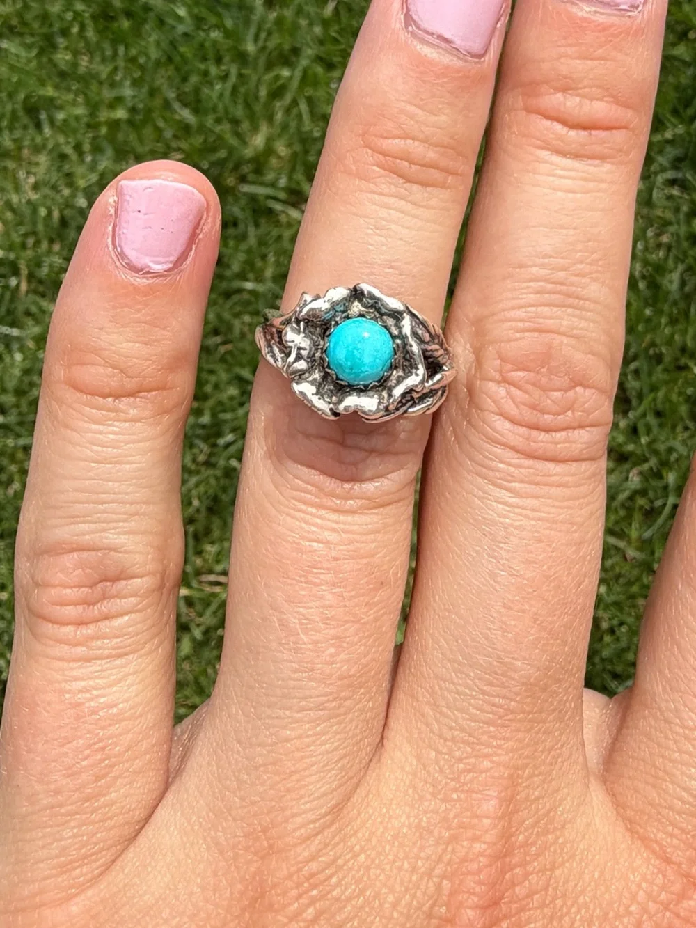 Vintage Gorgeous Turquoise Rose Sterling Silver Ring - Women Jewelry - Size 5